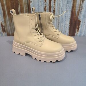 New Beige Platform Combat Boots Lace Up Side Zip Lug Sole Womens 7